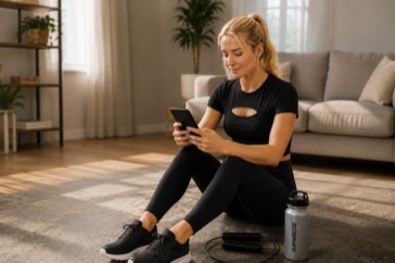 A person checking her phone after a workout